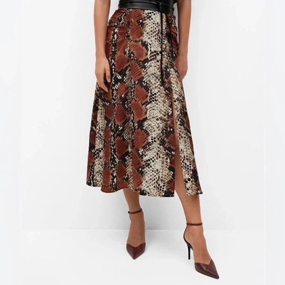 NWOT Mango Women’s Brown and Cream Snake Print Midi Skirt with Slit - Picture 1 of 5